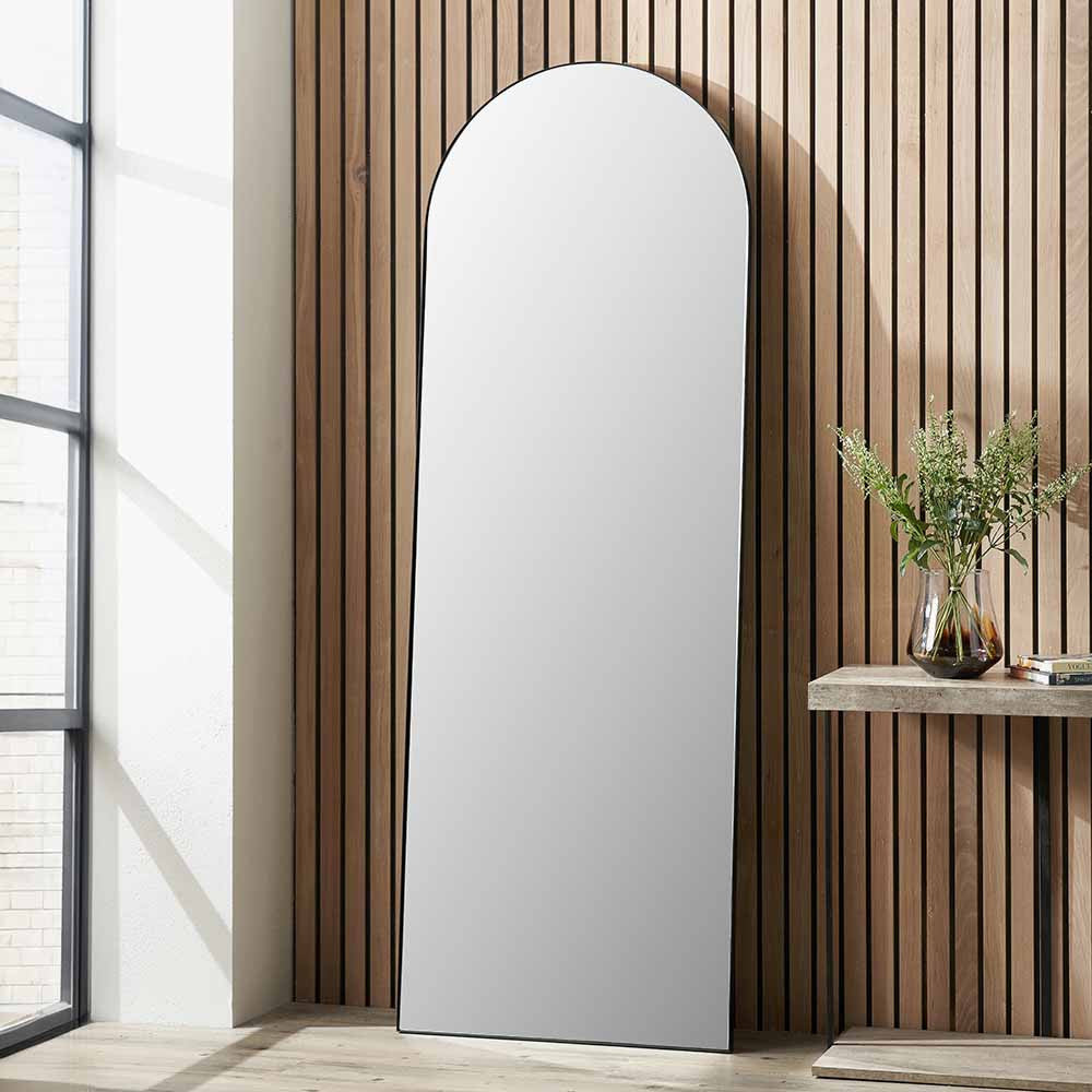 Full Length Arched Black Metal Thin Framed Leaner Mirror