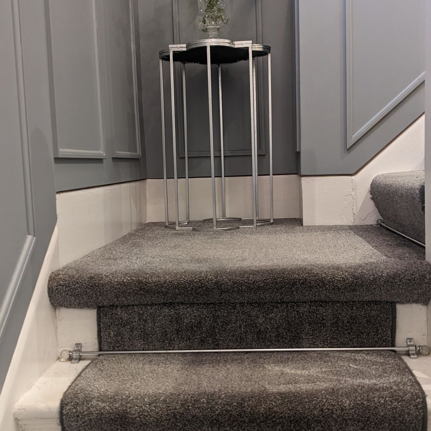 Two foil silver mirrored side tables