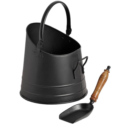 Black Coal Bucket & Teak-Handled Shovel Set