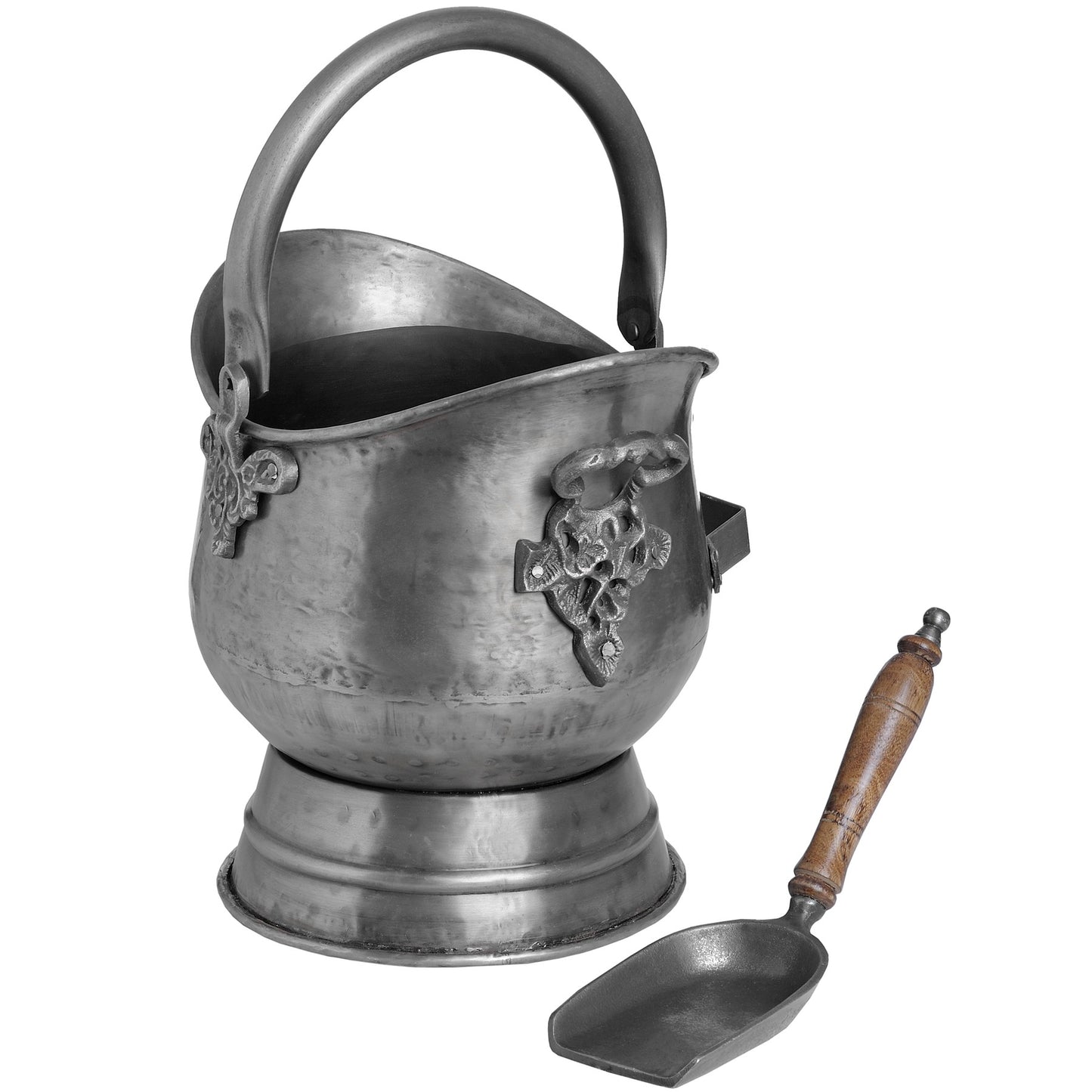 Pewter Coal Bucket & Teak-Handled Shovel Set