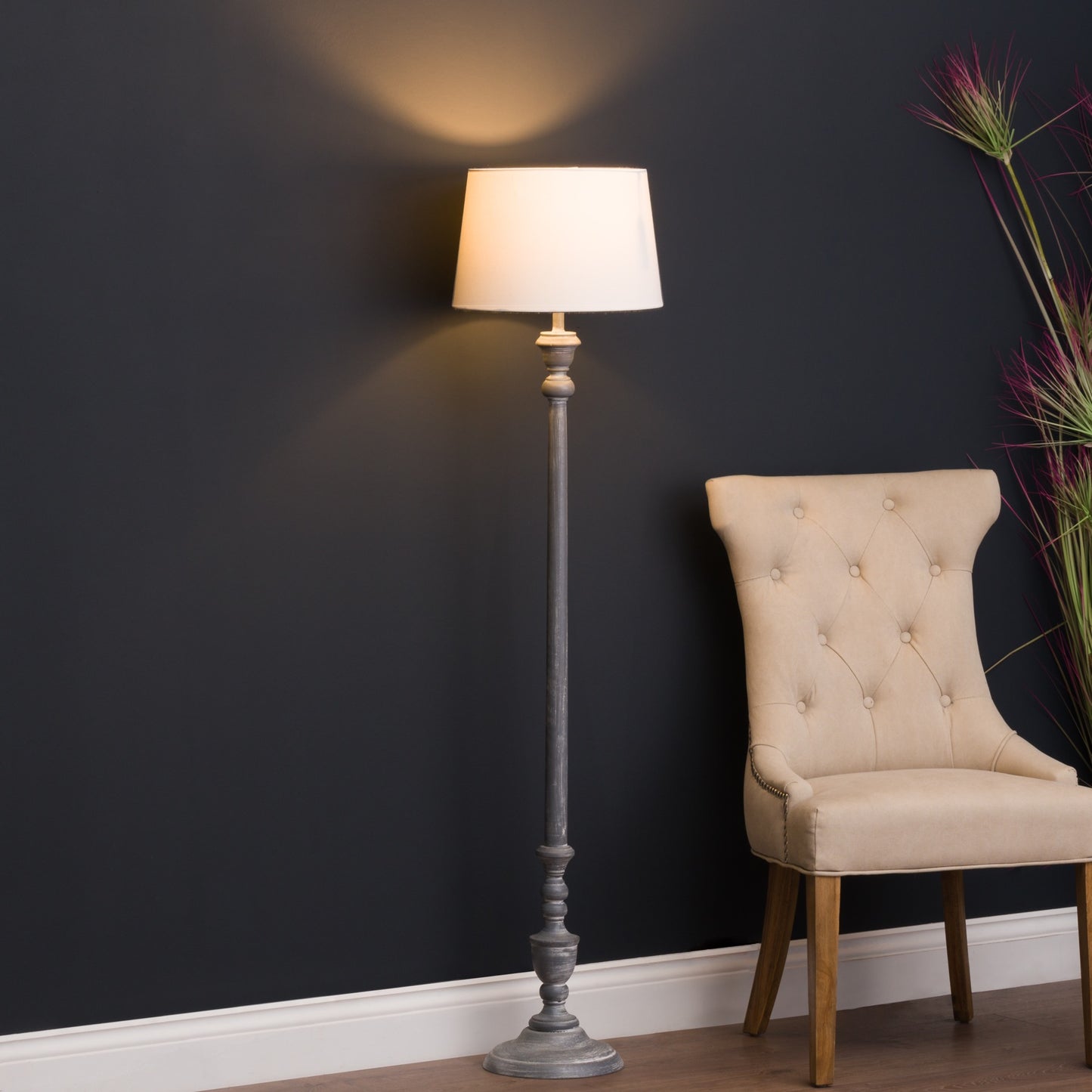 Distressed Grey Floor Lamp with Linen Shade