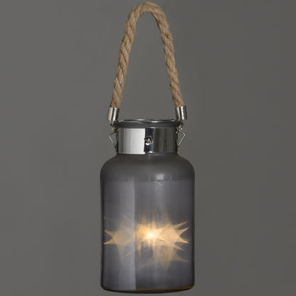 Jar of Stars Frosted Glass LED Lantern with Rope Detail 26cm