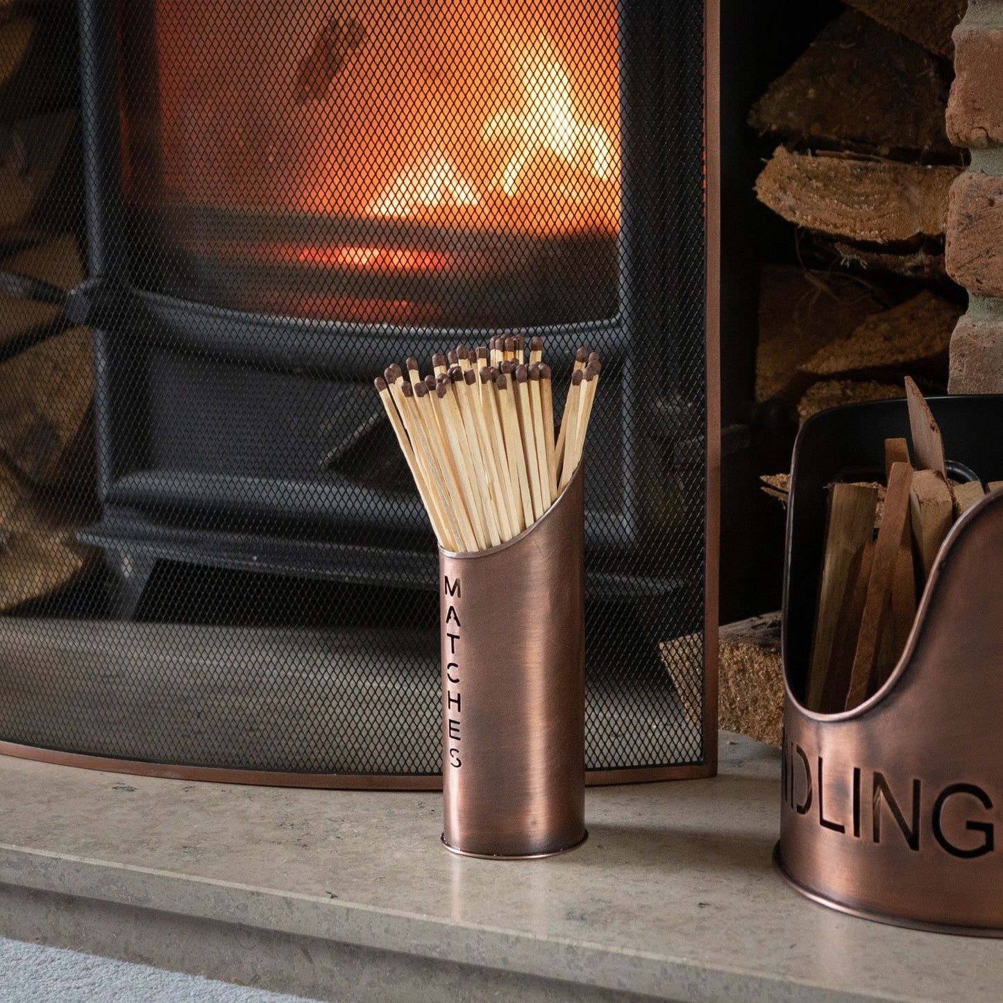 Copper Logs & Kindling Buckets & Matchstick Holder Set