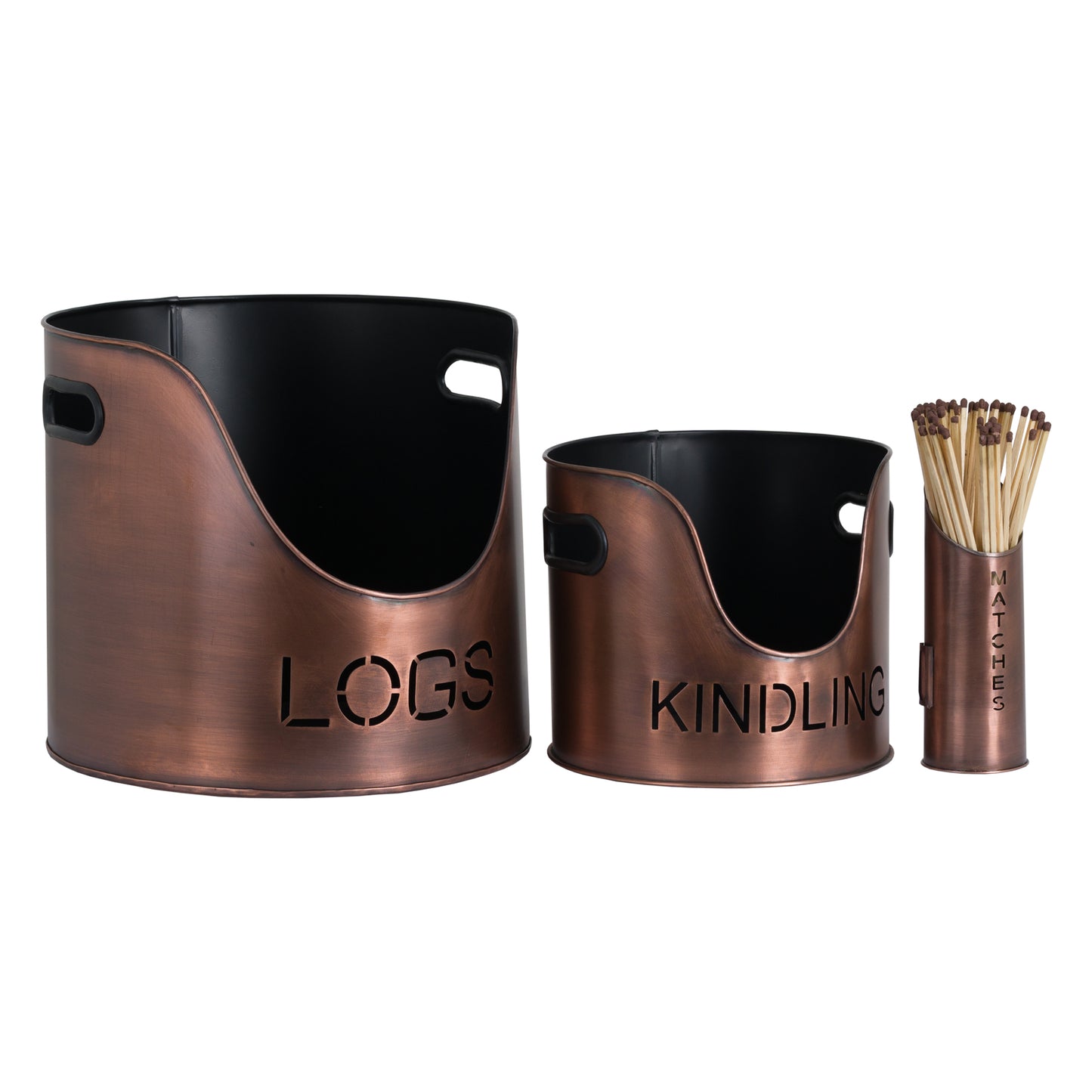 Copper Logs & Kindling Buckets & Matchstick Holder Set