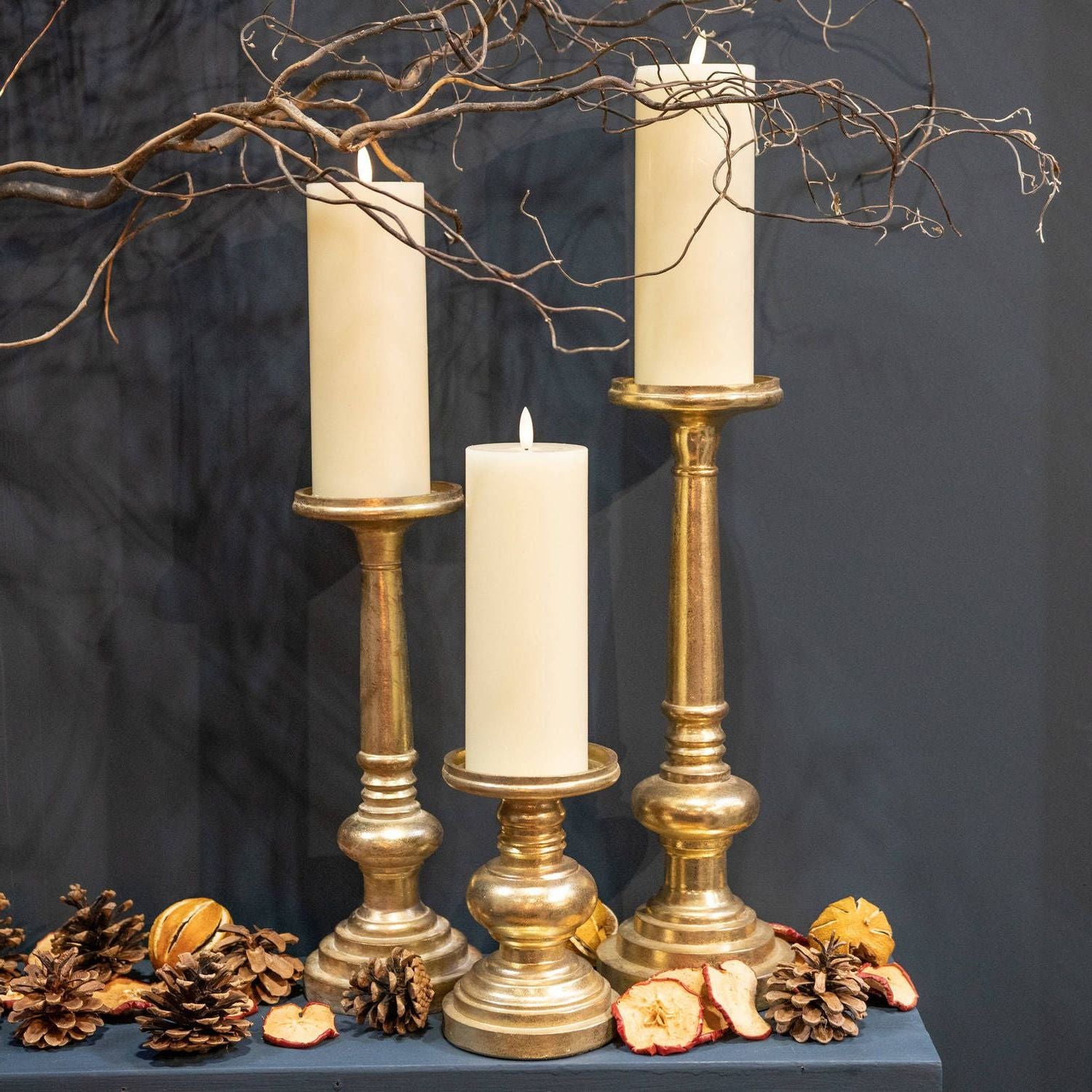 Tall antique brass-effect pillar candlestick - Click Style