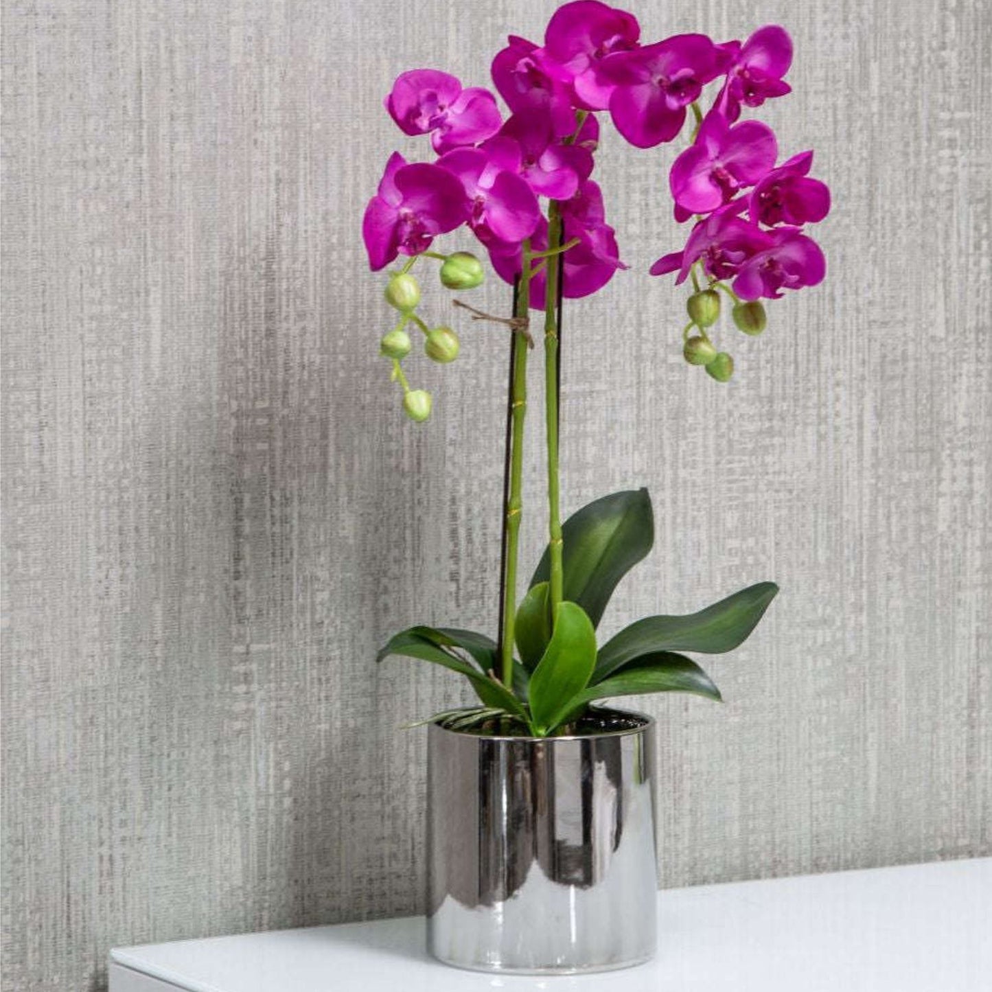 Faux Fuchsia Orchid in Silver Ceramic Pot