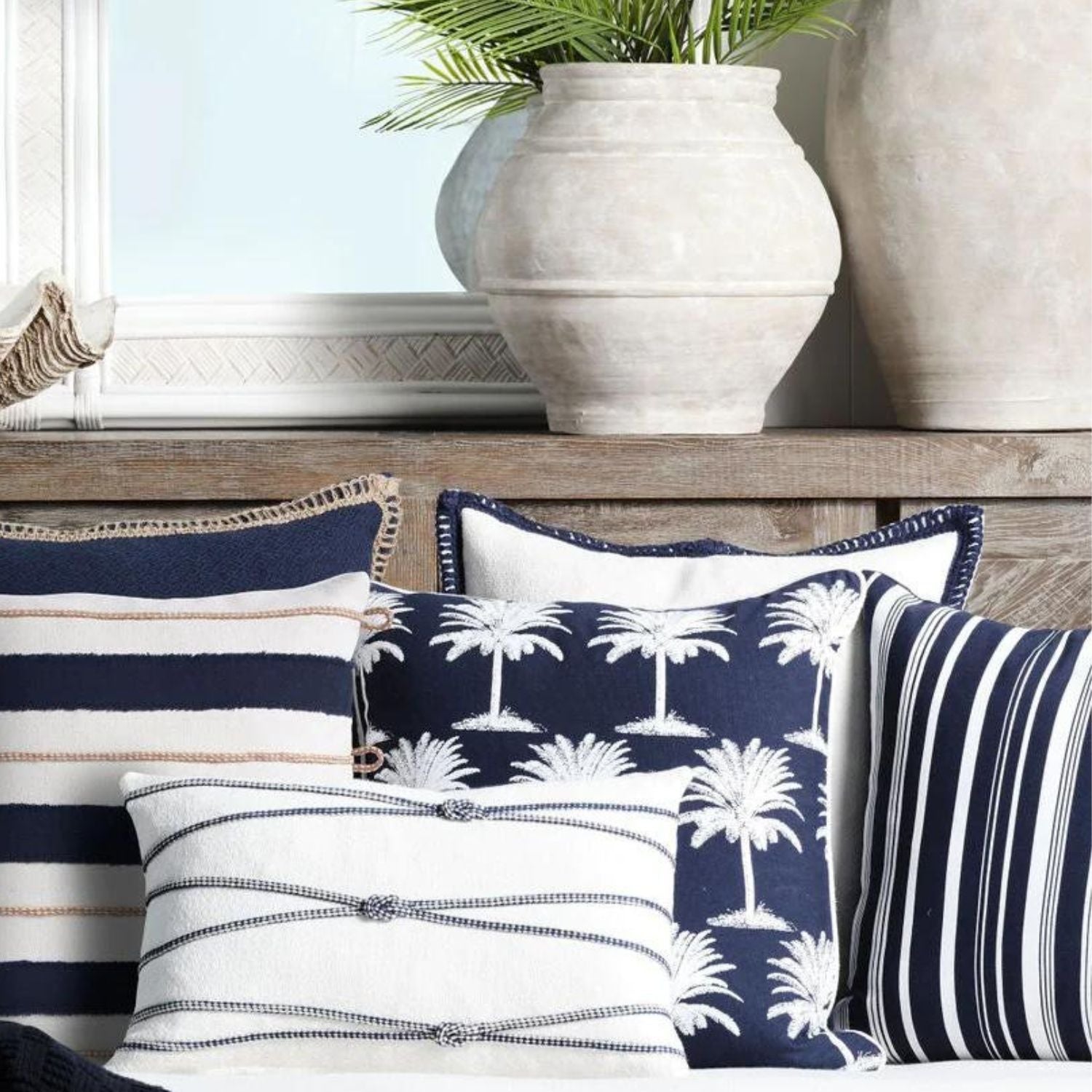 Nautical cushion white and blue with rope detailing 30x50