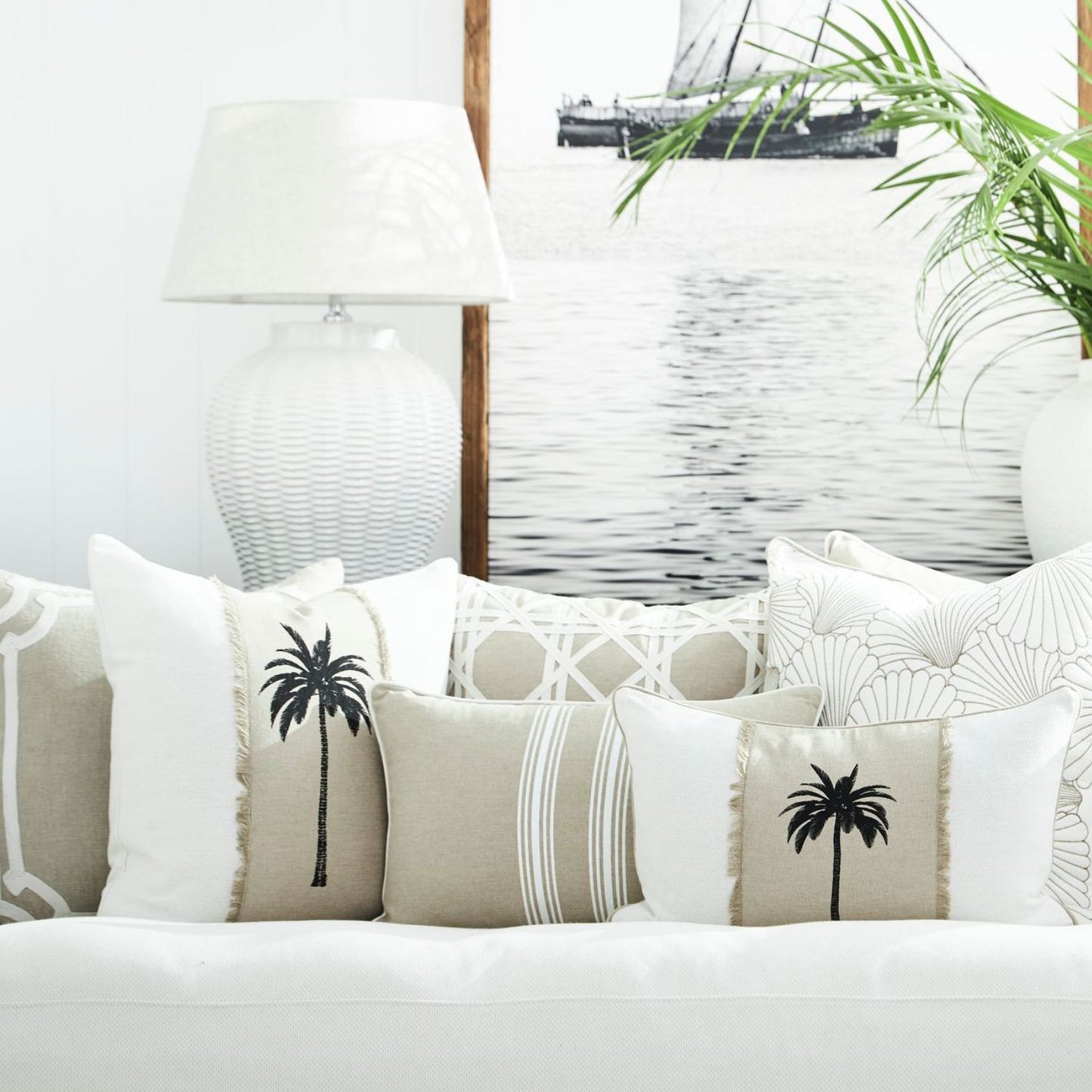white, black and sand cushion 50x50 Palm and coastal design
