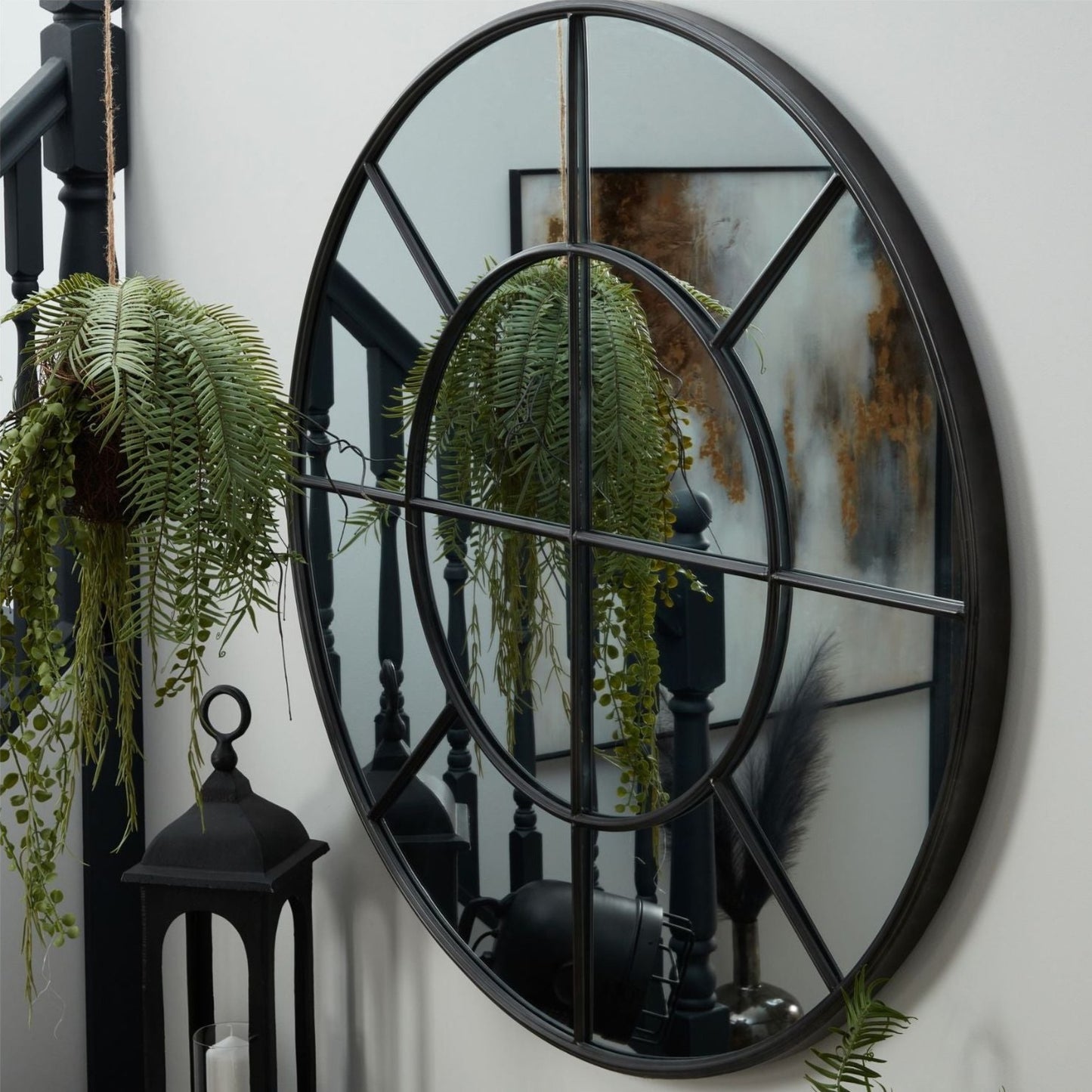 Black circular window wall mirror