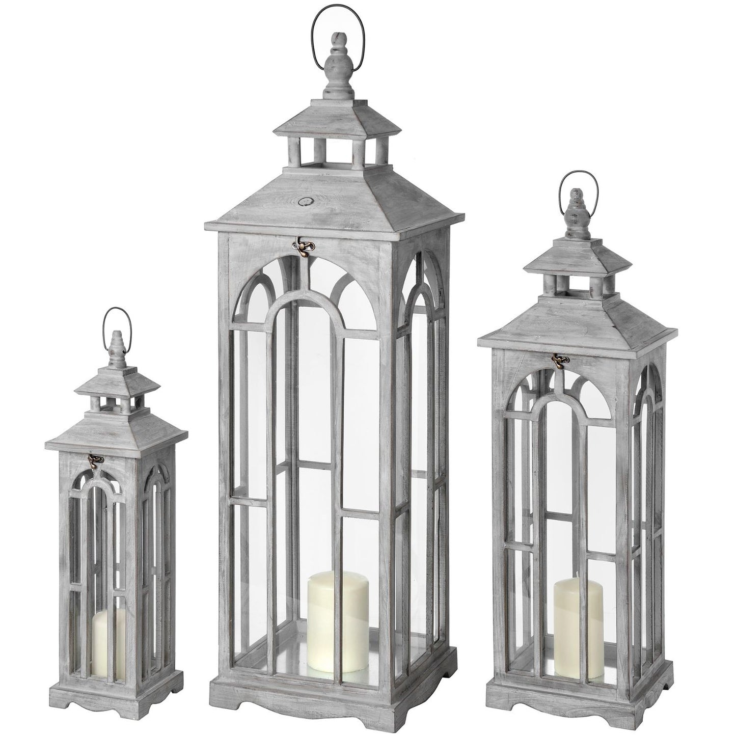 Three grey lanterns with archway design and white wash finish