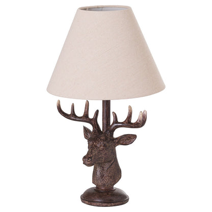 Wood-Effect Stag Head Table Lamp with Linen Shade