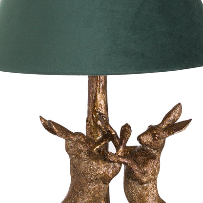 Gold Playful Hares Table Lamp with Green Velvet Shade