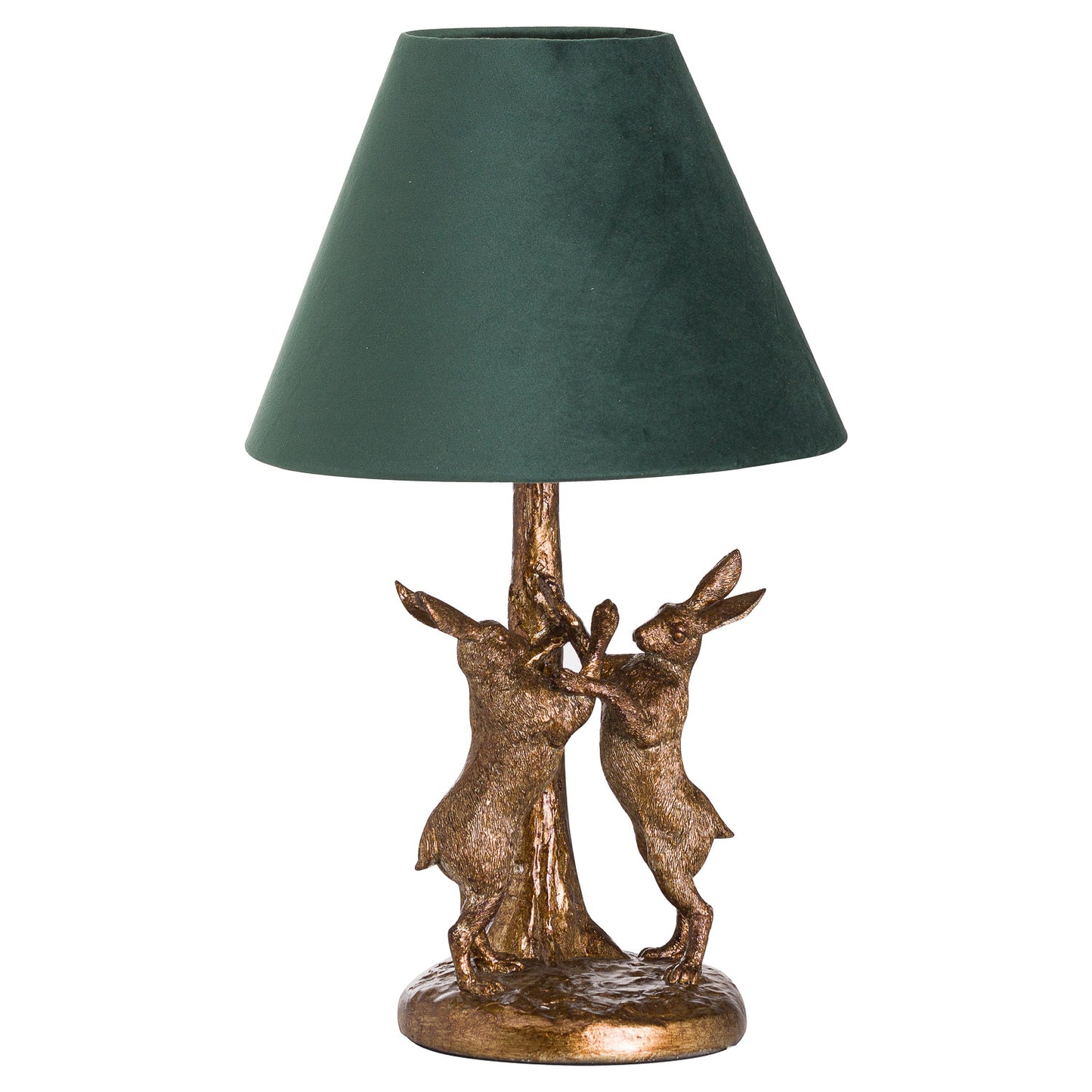 Gold Playful Hares Table Lamp with Green Velvet Shade