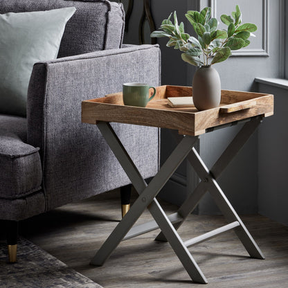 Scandi Natural Wood Butlers Tray Table with Grey Foldable Frame  – Click Style