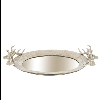 Large Silver Mirrored Tray With Stag Heads