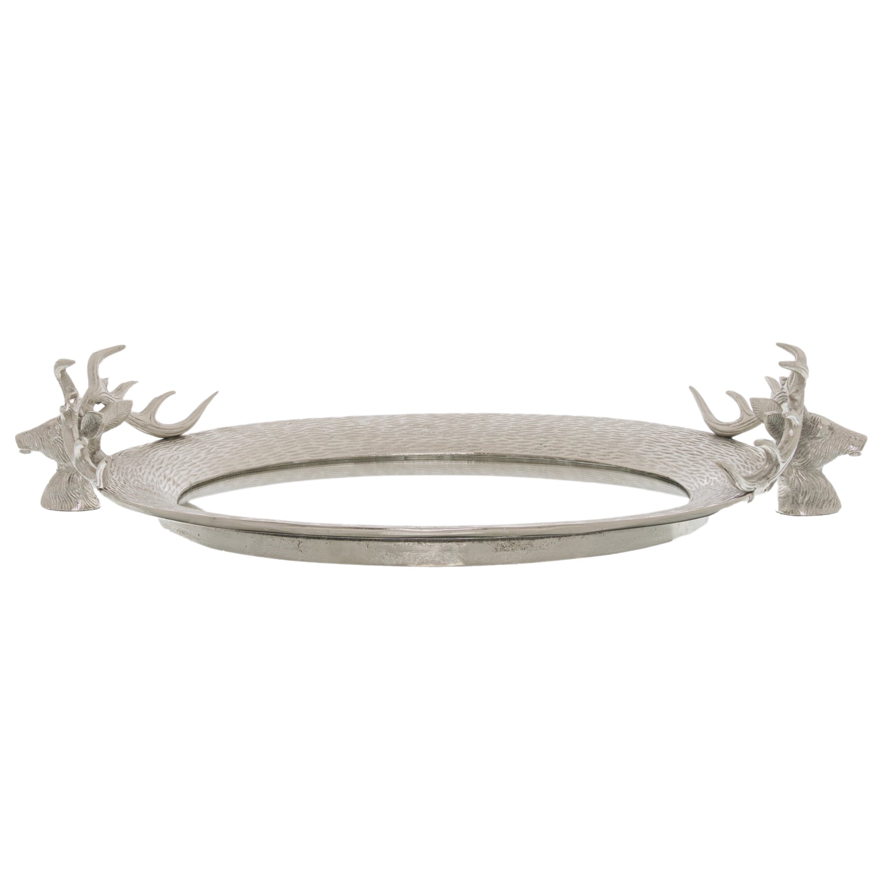Large Silver Mirrored Tray With Stag Heads