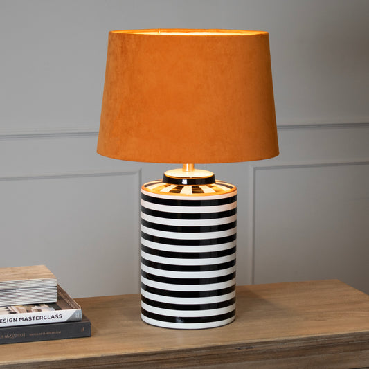 Black & White Striped Ceramic Table Lamp with Orange Velvet Shade
