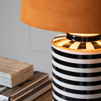 Black & White Striped Ceramic Table Lamp with Orange Velvet Shade