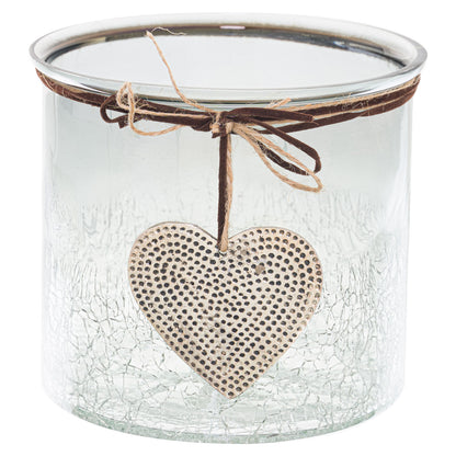 Smoked Glass Crackled Heart Large Candle Holder 15cm
