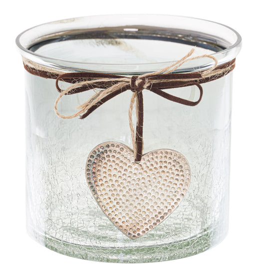 Smoked Glass Crackled Heart Medium Candle Holder 10cm