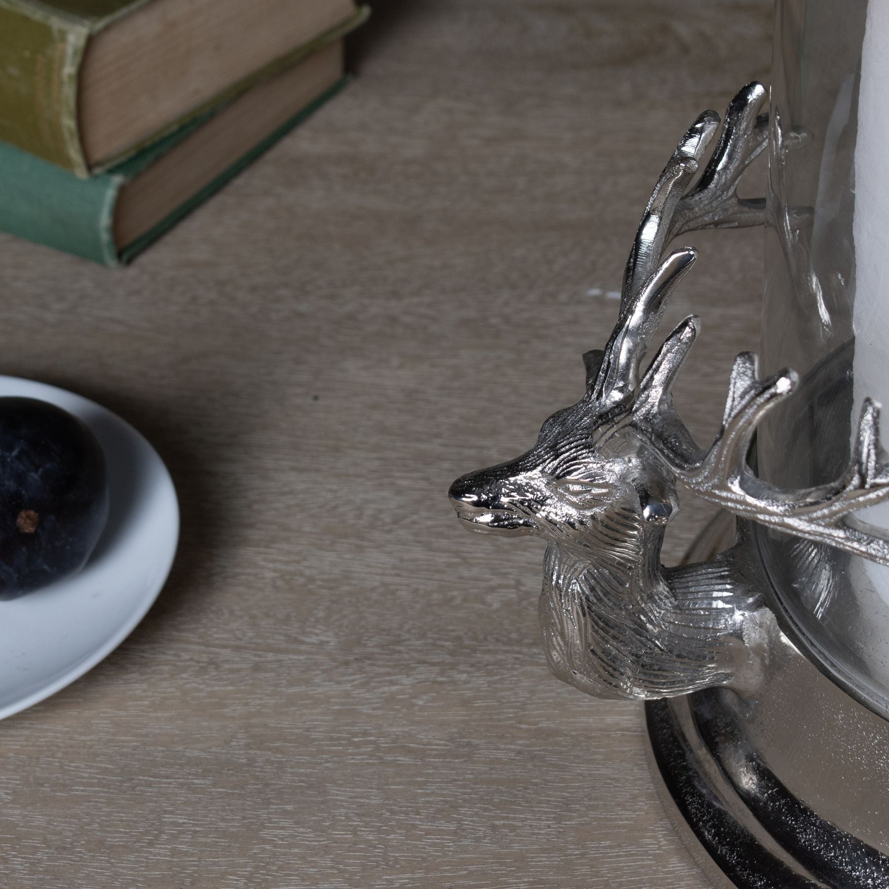 Double Silver Stag Head Hurricane Candle Holder – Click Style