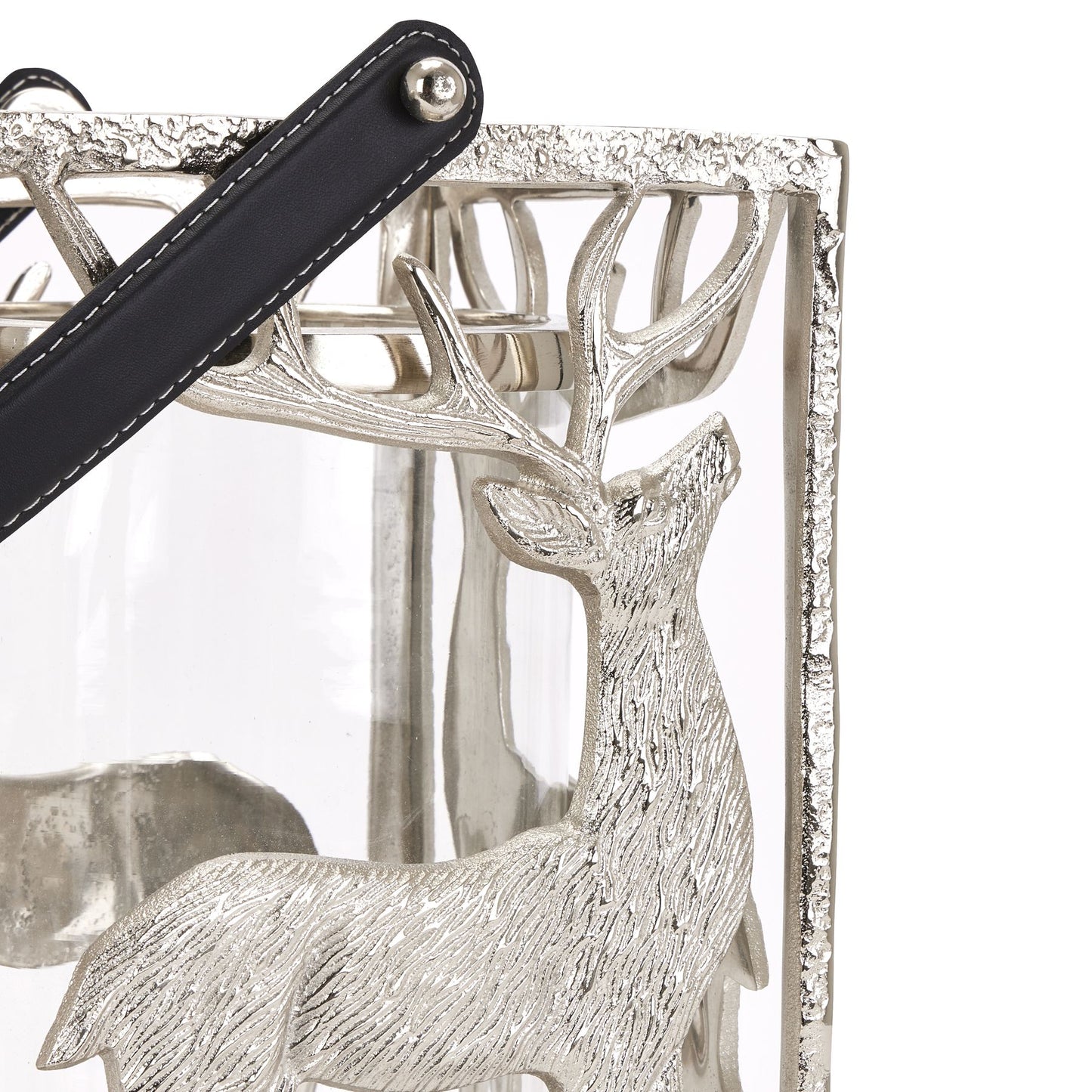 Square Silver Stag Hurricane Candle Holder with Black Lantern Strap – Click Style