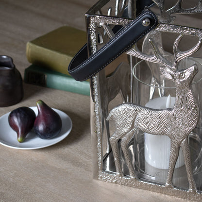 Square Silver Stag Hurricane Candle Holder with Black Lantern Strap – Click Style