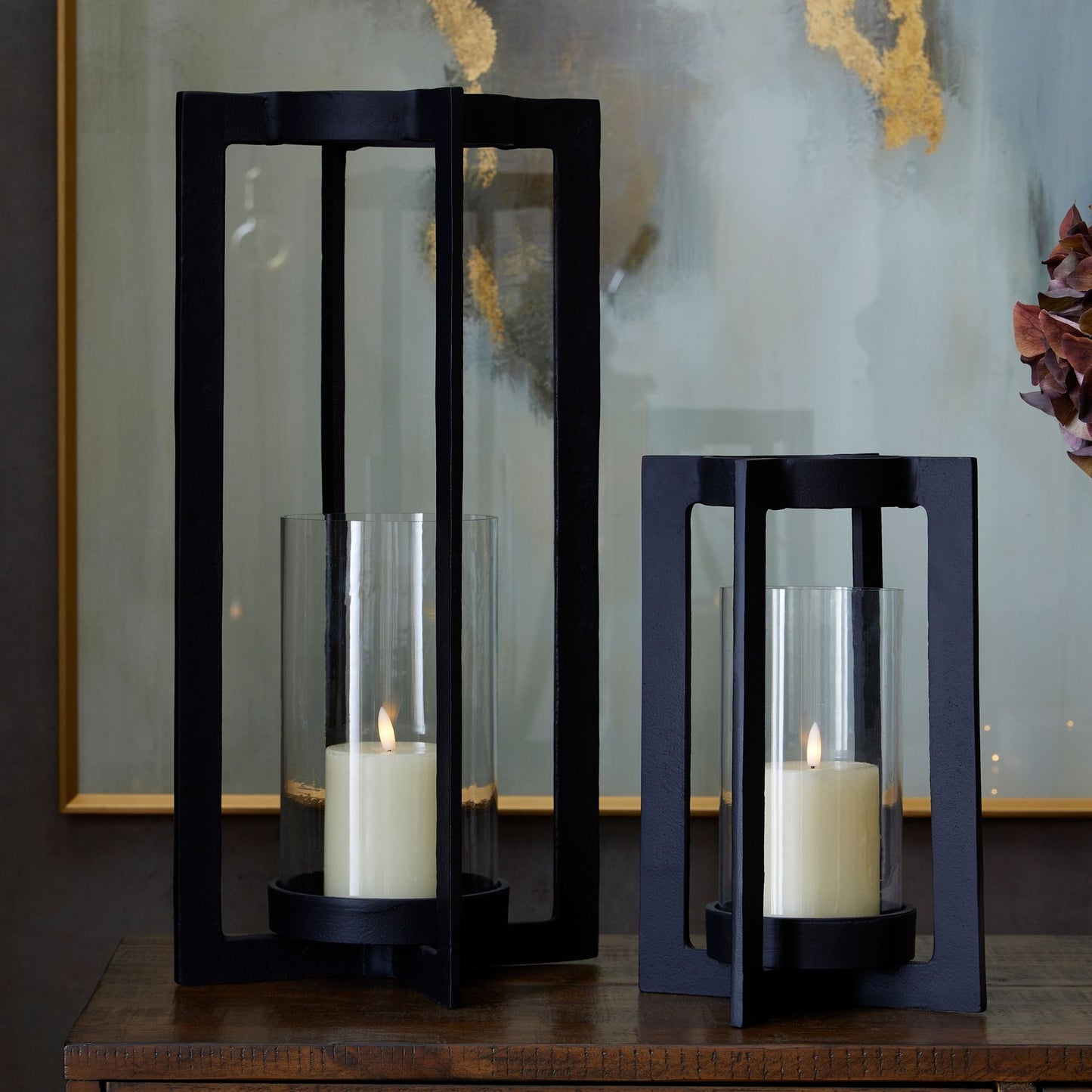 Large Black Contemporary Open Frame Hurricane Candle Holder – Click Style