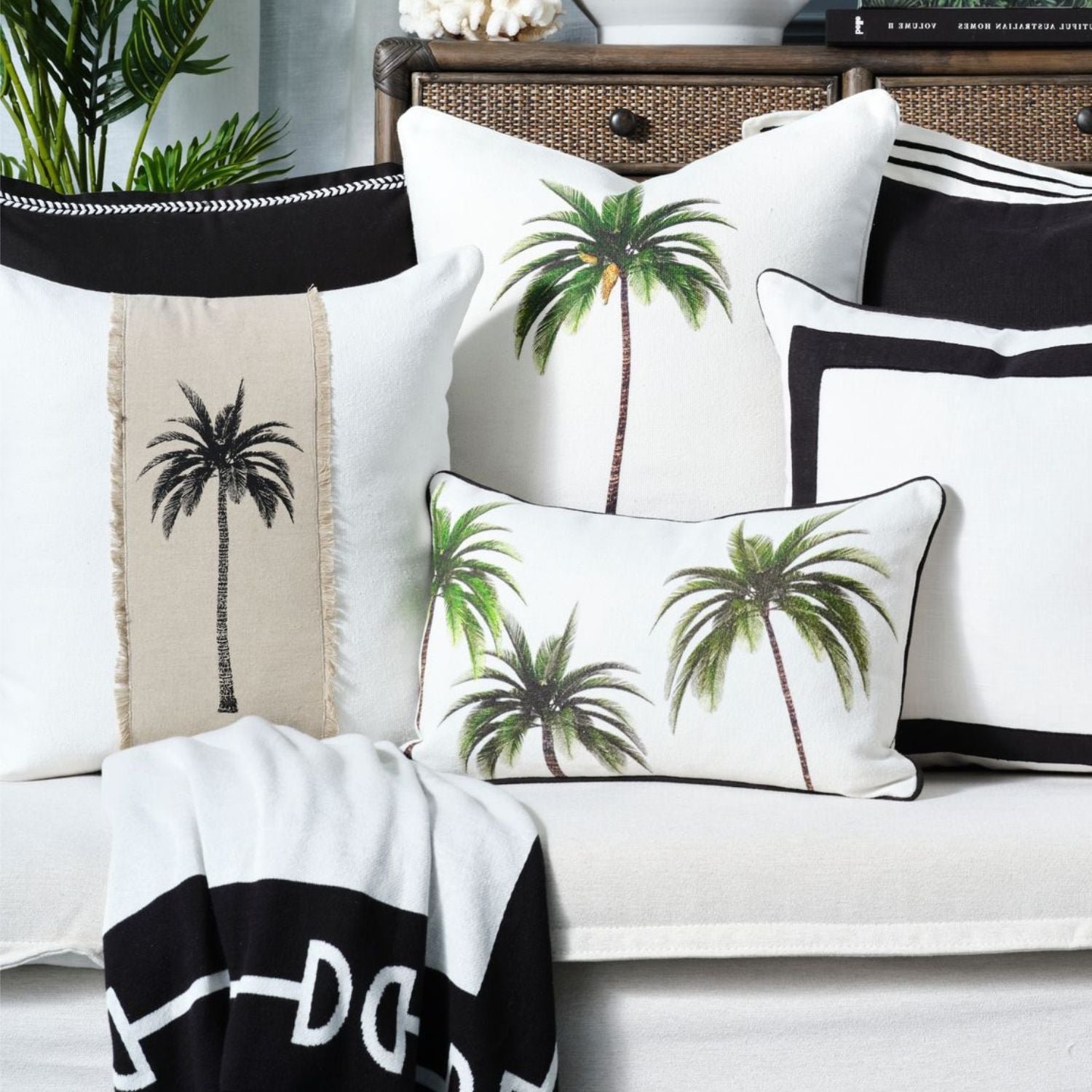 white, black and sand cushion 50x50 Palm and coastal design