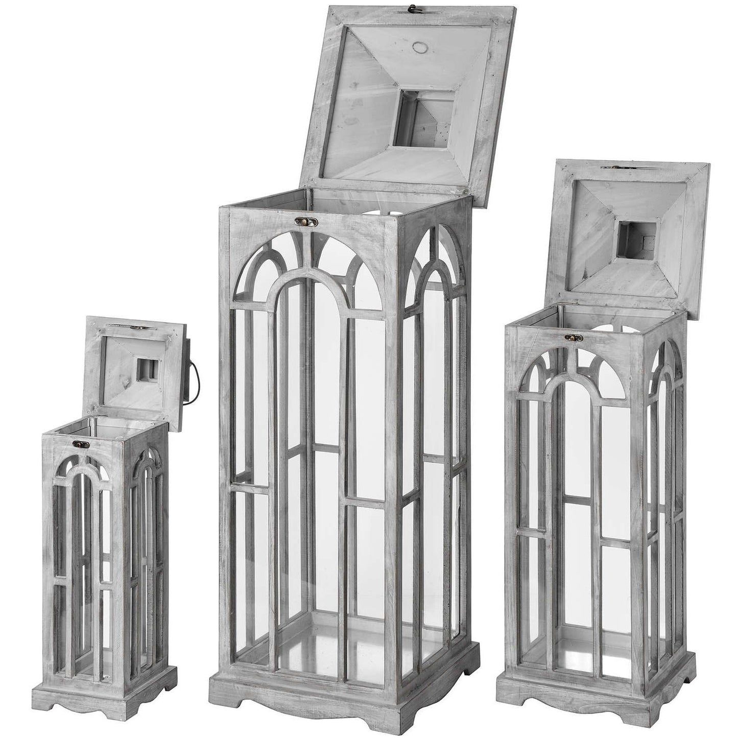 Three grey lanterns with archway design and white wash finish
