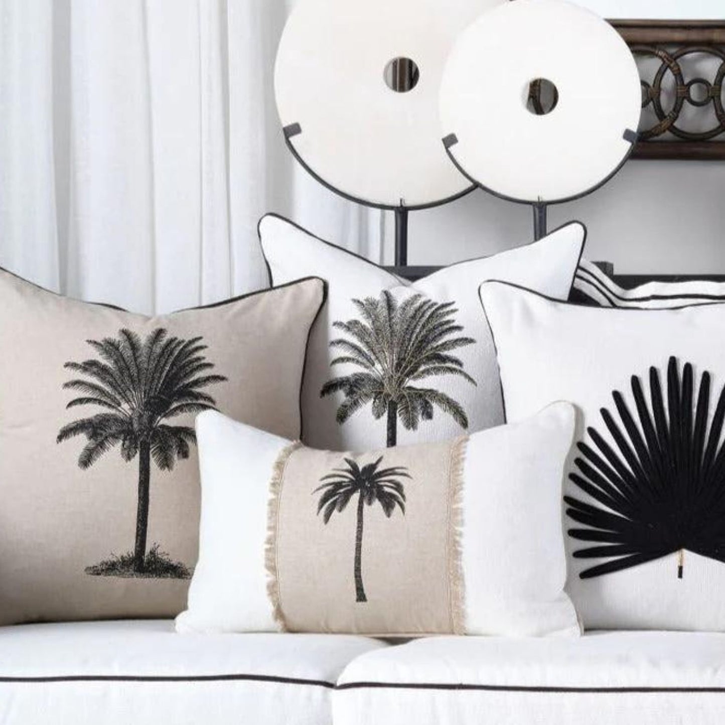 White, black and sand cushion 30x50 Palm coastal lumbar design