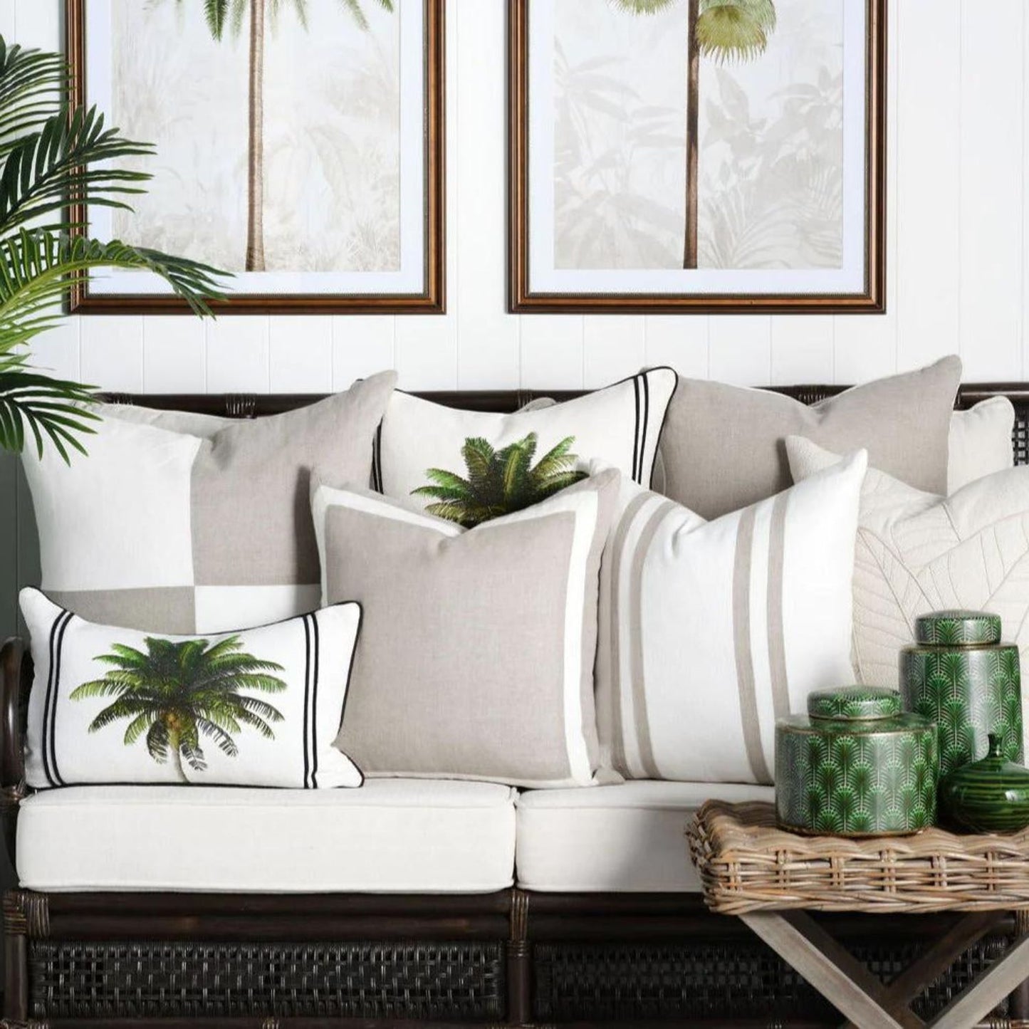 White, black and green cushion 50x50 Palm tropical coastal design
