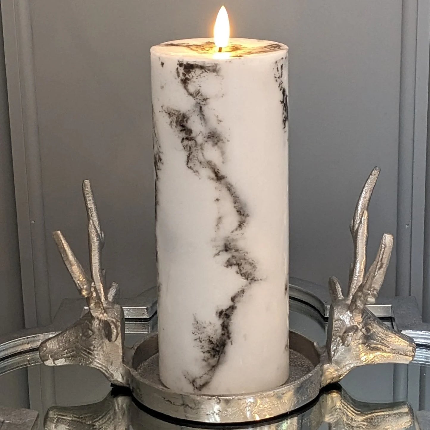 Marble-Effect LED Pillar Candle with Flickering Flame 23x9cm