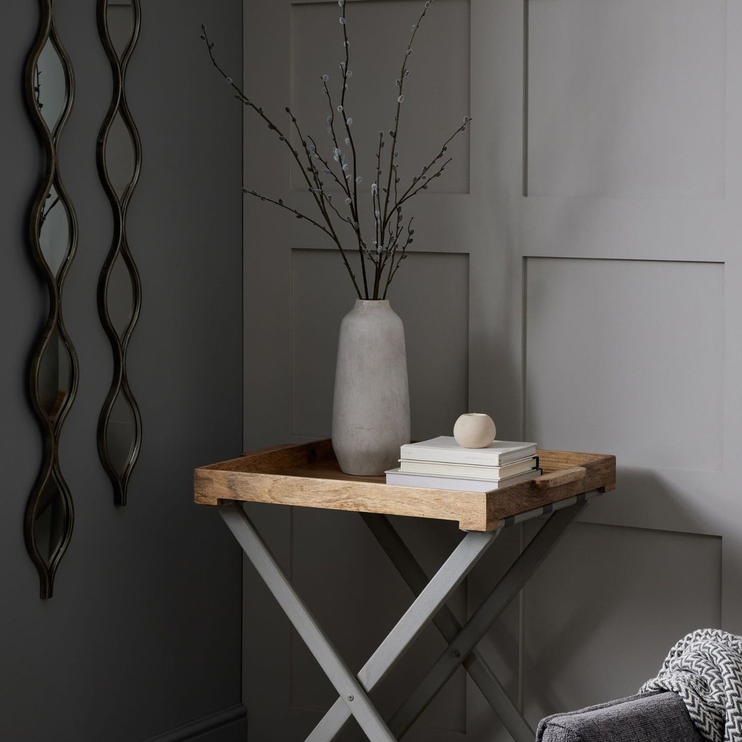 Scandi Natural Wood Butler's Tray Table with Grey Foldable Frame