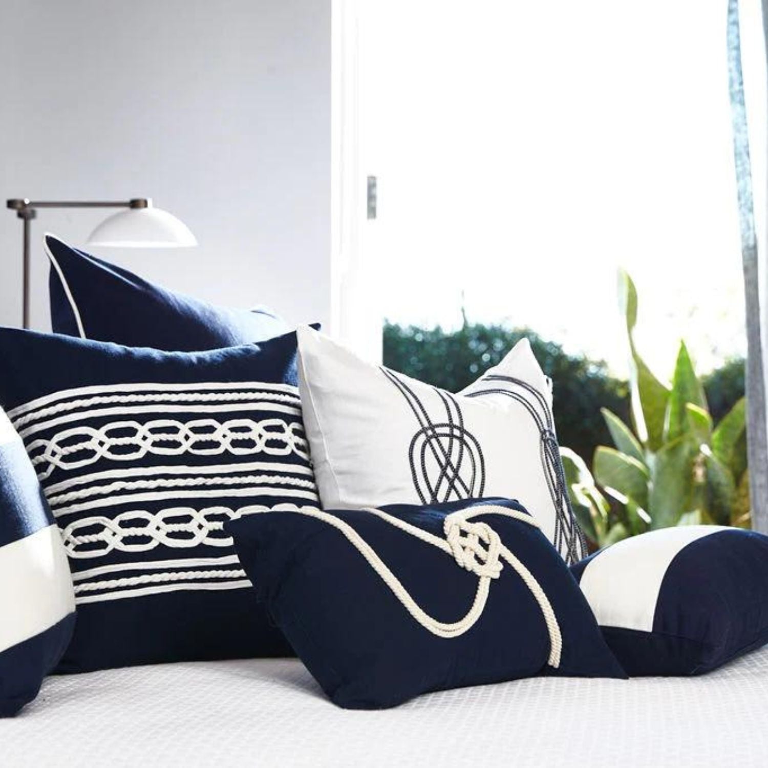 Navy blue sales and white pillows