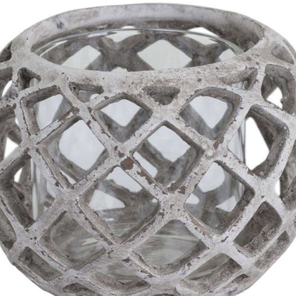 Large ceramic hurricane lattice lantern in stone