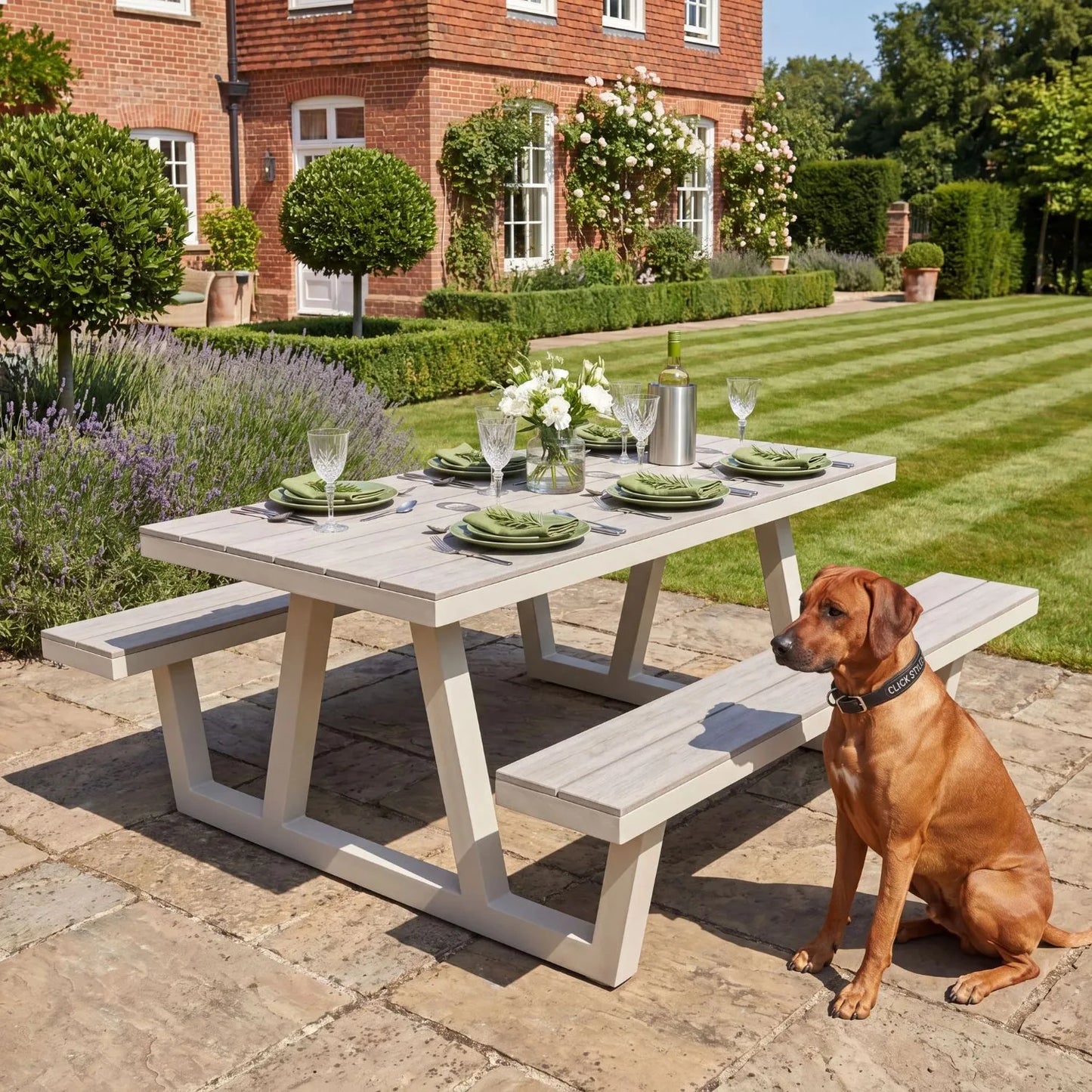 6-Seater Grey & Cream Outdoor Picnic Dining Bench Set with Polywood Table & Seat Tops – Powder-Coated Steel Frame for Garden & Patio 75x220x170cm – Modern Outdoor Table and Bench Set with Integrated Seating, Ash Grey Polywood Surfaces, Weather-Resistant Steel Frame, Space-Saving Garden Picnic Table for Patios, Terraces, Lawns, Outdoor Dining & Entertaining | Click Style