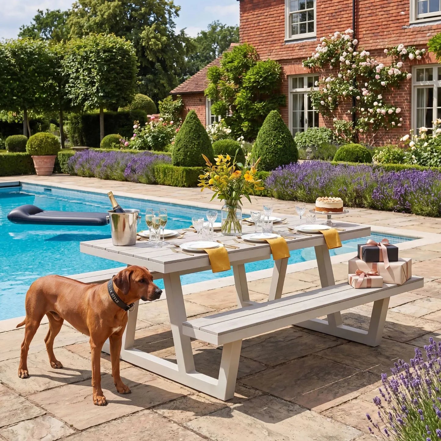 6-Seater Grey & Cream Outdoor Picnic Dining Bench Set with Polywood Table & Seat Tops – Powder-Coated Steel Frame for Garden & Patio 75x220x170cm – Modern Outdoor Table and Bench Set with Integrated Seating, Ash Grey Polywood Surfaces, Weather-Resistant Steel Frame, Space-Saving Garden Picnic Table for Patios, Terraces, Lawns, Outdoor Dining & Entertaining | Click Style