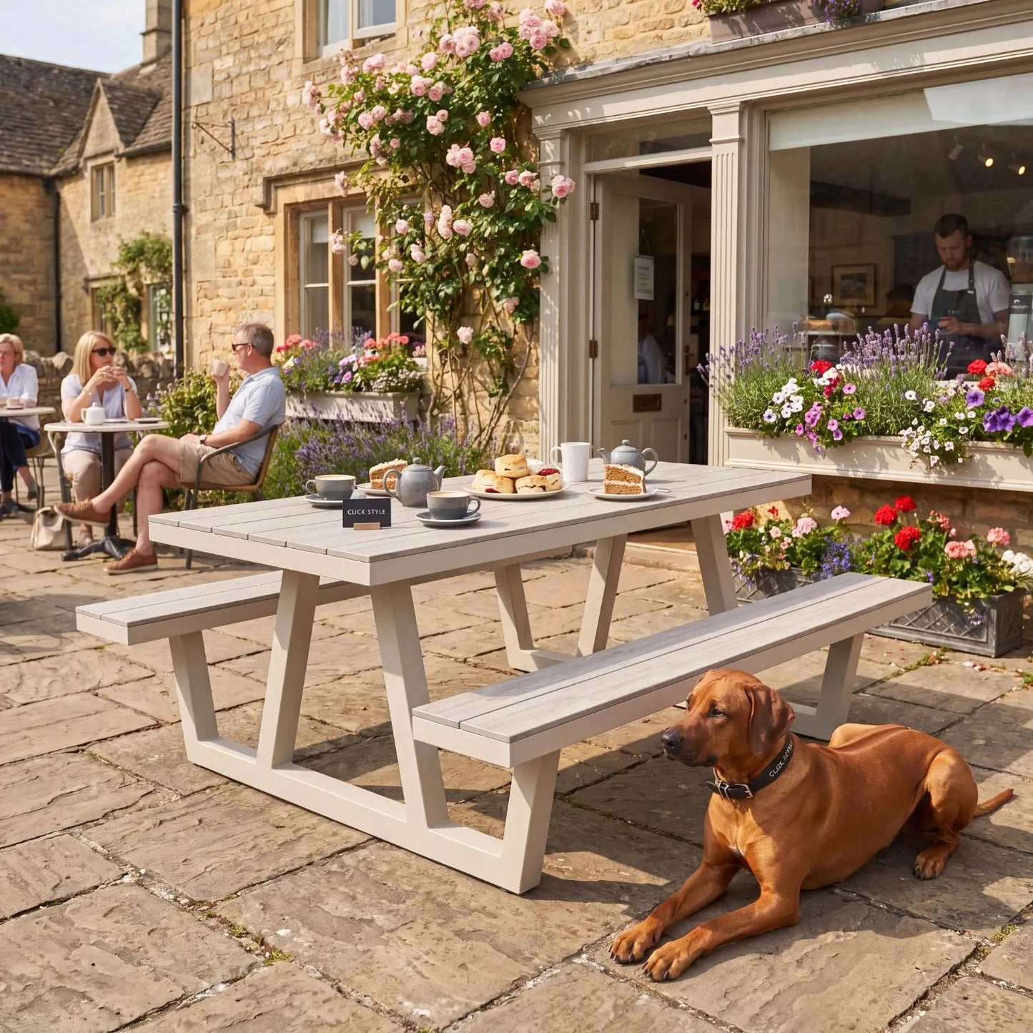 6-Seater Grey & Cream Outdoor Picnic Dining Bench Set with Polywood Table & Seat Tops – Powder-Coated Steel Frame for Garden & Patio 75x220x170cm – Modern Outdoor Table and Bench Set with Integrated Seating, Ash Grey Polywood Surfaces, Weather-Resistant Steel Frame, Space-Saving Garden Picnic Table for Patios, Terraces, Lawns, Outdoor Dining & Entertaining | Click Style