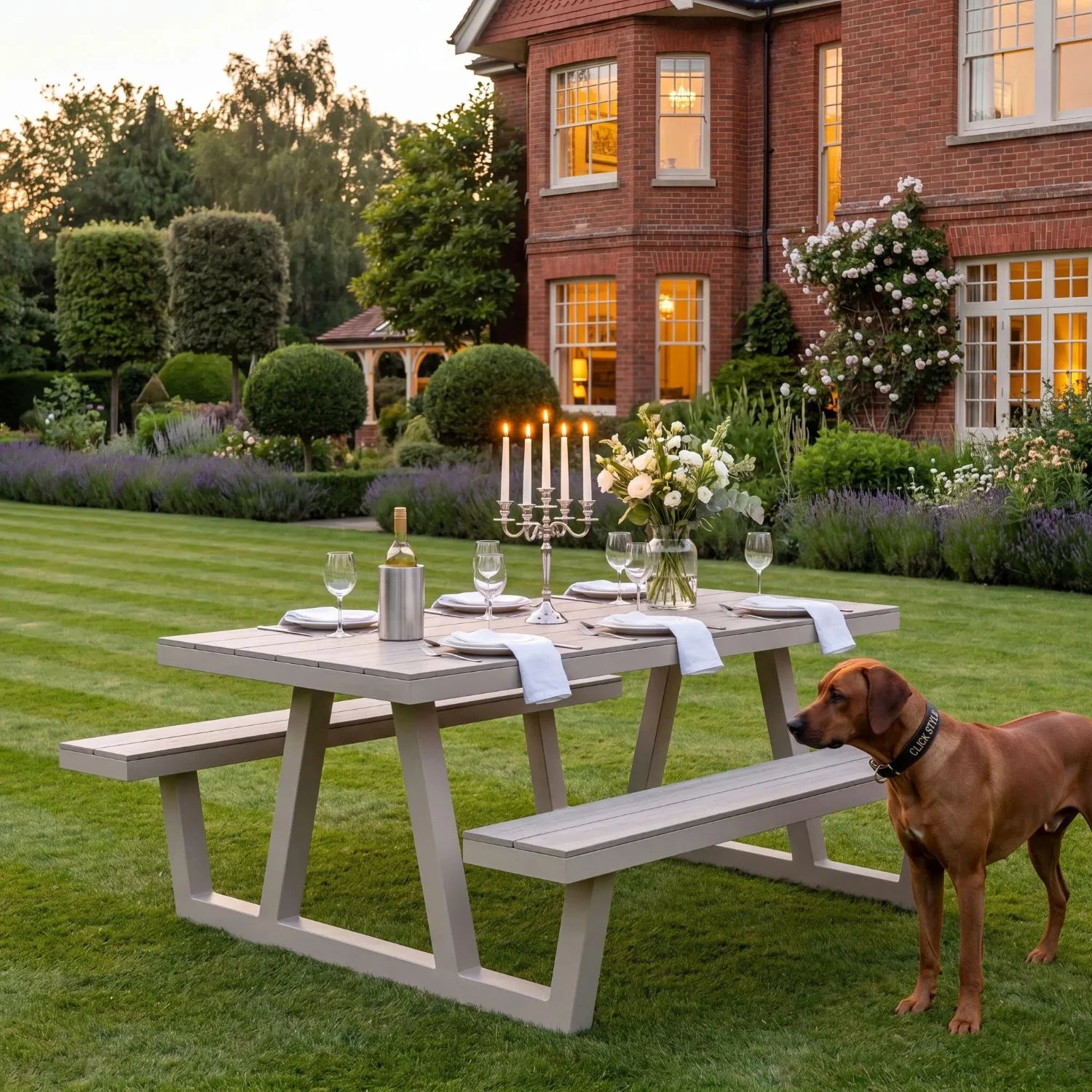 6-Seater Grey & Cream Outdoor Picnic Dining Bench Set with Polywood Table & Seat Tops – Powder-Coated Steel Frame for Garden & Patio 75x220x170cm – Modern Outdoor Table and Bench Set with Integrated Seating, Ash Grey Polywood Surfaces, Weather-Resistant Steel Frame, Space-Saving Garden Picnic Table for Patios, Terraces, Lawns, Outdoor Dining & Entertaining | Click Style