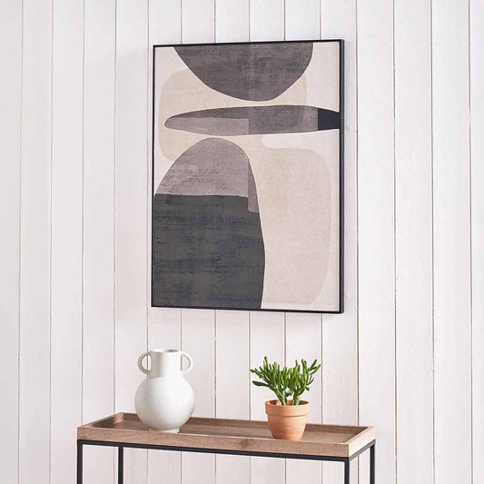 Abstract Cream Grey & Black Canvas Wall Art – Modern Neutral Oval Design with Slim Black Wooden Frame 80x60cm | Click Style