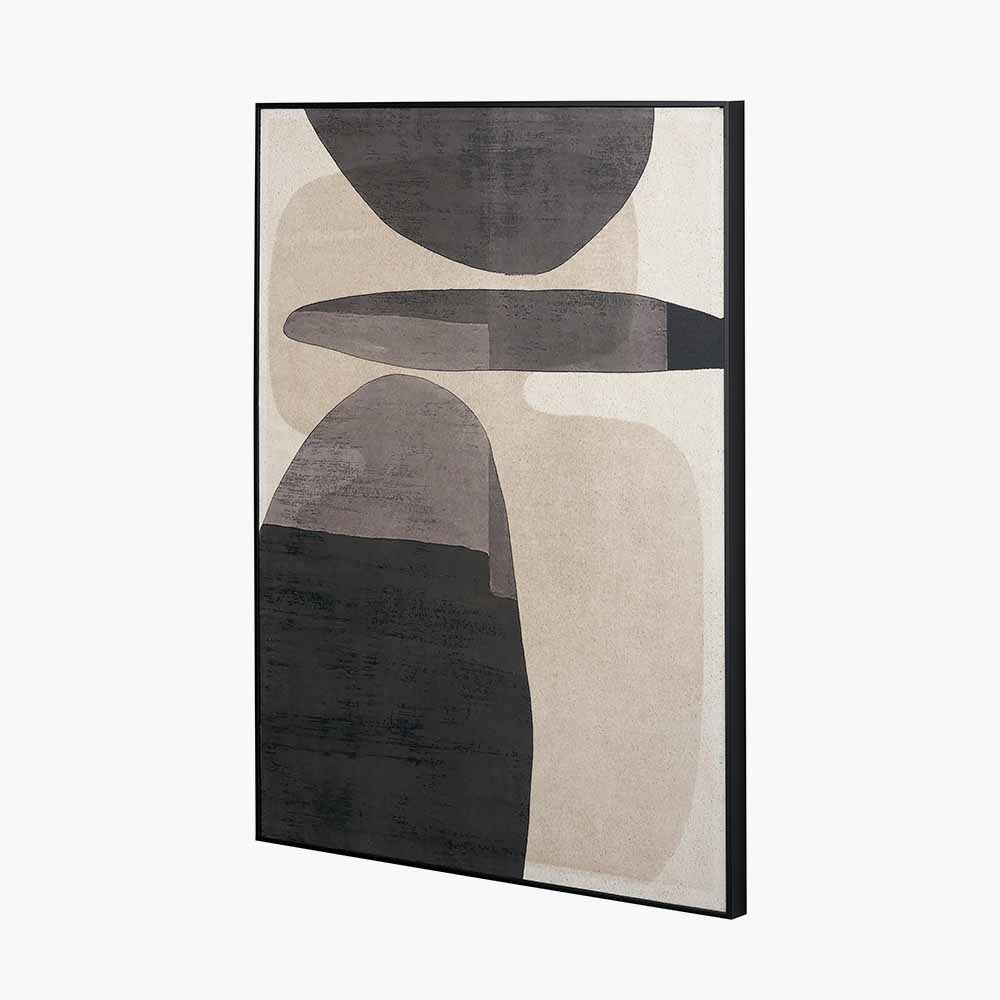 Abstract Cream Grey & Black Canvas Wall Art – Modern Neutral Oval Design with Slim Black Wooden Frame 80x60cm | Click Style