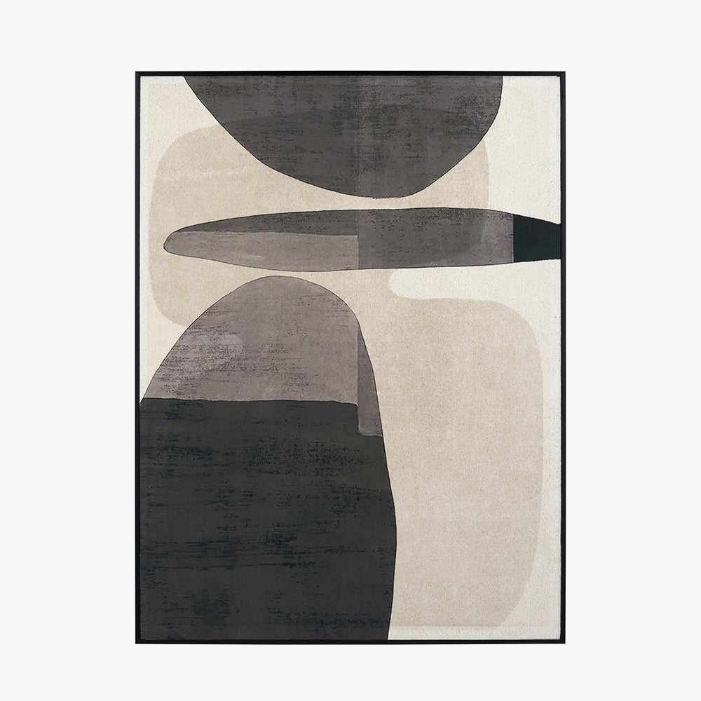 Abstract Cream Grey & Black Canvas Wall Art – Modern Neutral Oval Design with Slim Black Wooden Frame 80x60cm | Click Style