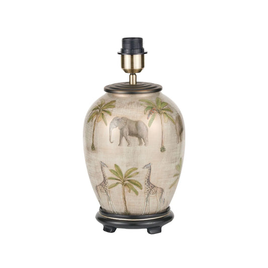 Jenny Worrall Safari Glass Table Lamp Base – Handcrafted African Elephants, Giraffes & Leopards Design in Cream Champagne & Gold with Antique Brass Feet Bulbous Shape 35x20x20cm | Click Style
