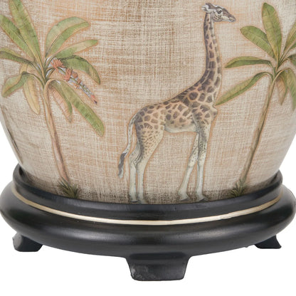 Jenny Worrall Safari Glass Table Lamp Base – Handcrafted African Elephants, Giraffes & Leopards Design in Cream Champagne & Gold with Antique Brass Feet Bulbous Shape 35x20x20cm | Click Style