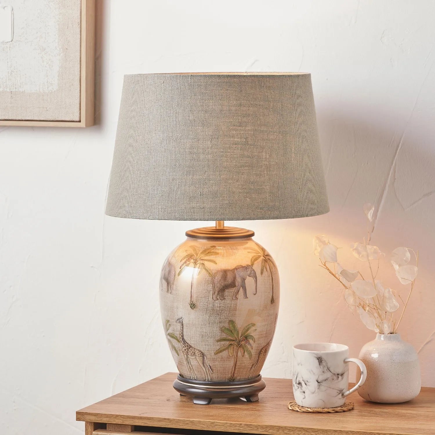 Jenny Worrall Safari Glass Table Lamp Base – Handcrafted African Elephants, Giraffes & Leopards Design in Cream Champagne & Gold with Antique Brass Feet Bulbous Shape 35x20x20cm | Click Style