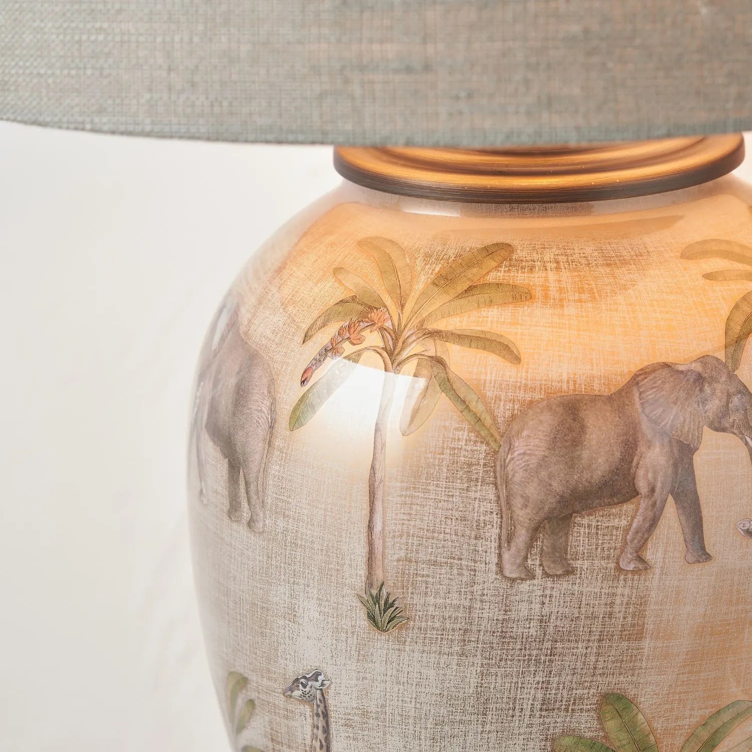 Jenny Worrall Safari Glass Table Lamp Base – Handcrafted African Elephants, Giraffes & Leopards Design in Cream Champagne & Gold with Antique Brass Feet Bulbous Shape 35x20x20cm | Click Style