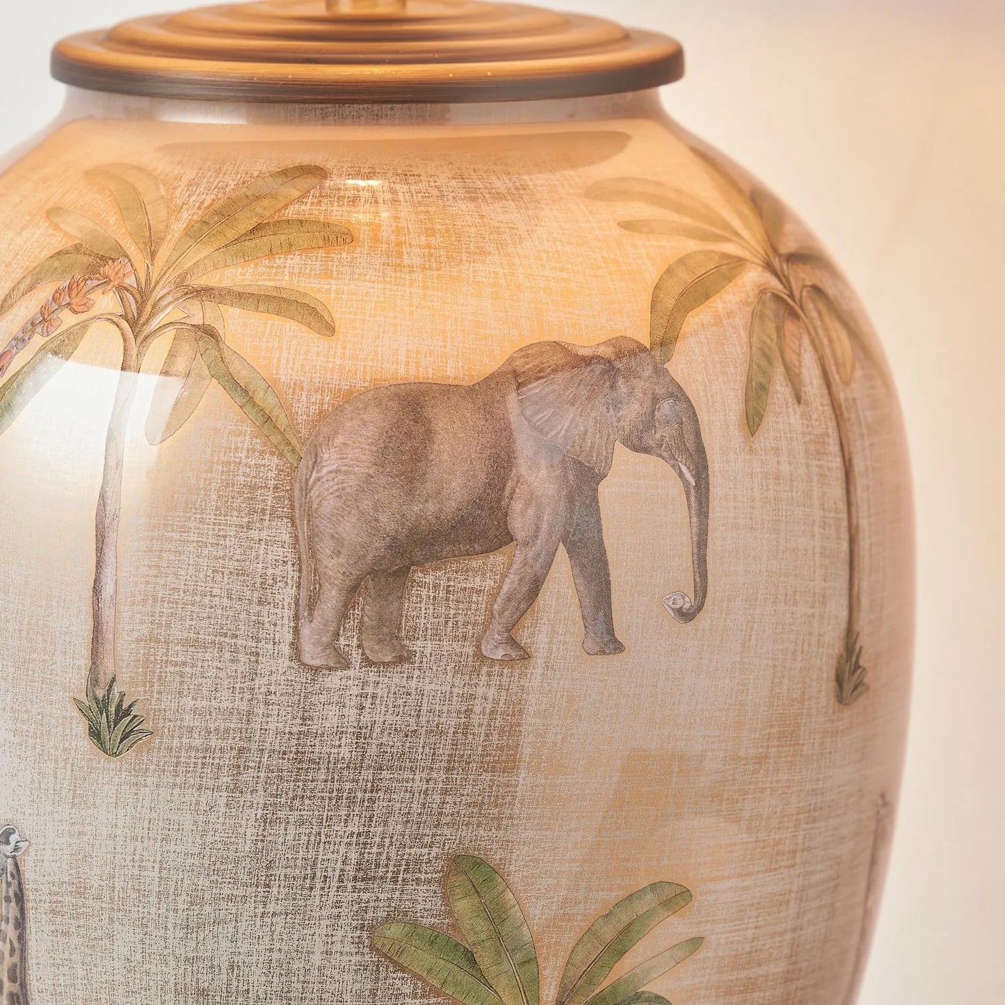 Jenny Worrall Safari Glass Table Lamp Base – Handcrafted African Elephants, Giraffes & Leopards Design in Cream Champagne & Gold with Antique Brass Feet Bulbous Shape 35x20x20cm | Click Style