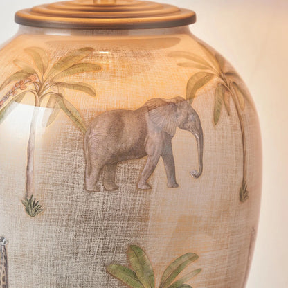 Jenny Worrall Safari Glass Table Lamp Base – Handcrafted African Elephants, Giraffes & Leopards Design in Cream Champagne & Gold with Antique Brass Feet Bulbous Shape 35x20x20cm | Click Style