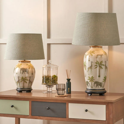 Jenny Worrall Safari Glass Table Lamp Base – Handcrafted African Elephants, Giraffes & Leopards Design in Cream Champagne & Gold with Antique Brass Feet Bulbous Shape 35x20x20cm | Click Style